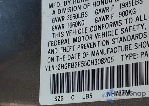 2012 Honda Civic Lx из США, поврежденный, VIN 2HGFB2F55CH308205